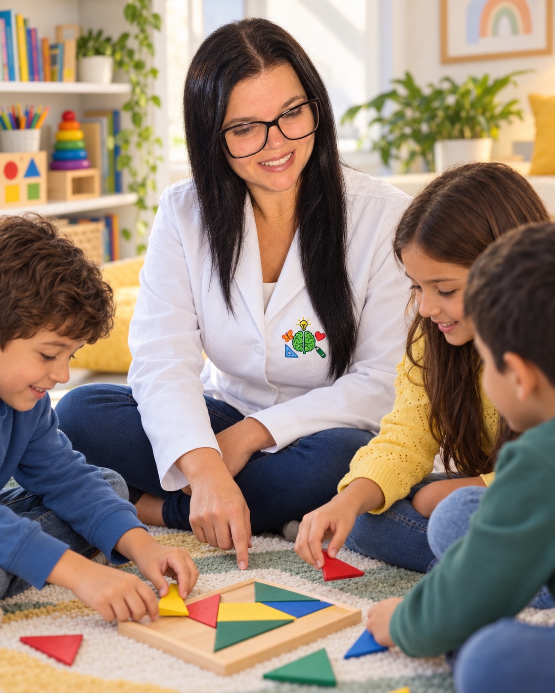 Imagem conceitual de Cristiane acompanhando crianças em uma atividade com peças de tangram.